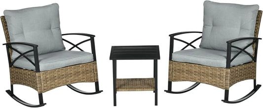3 Piece Patio Rocking Chair Set, Outdoor Wicker Bistro Set with 2 Cushioned Porch Rockers and 2 Tier Coffee Table for Garden, Po