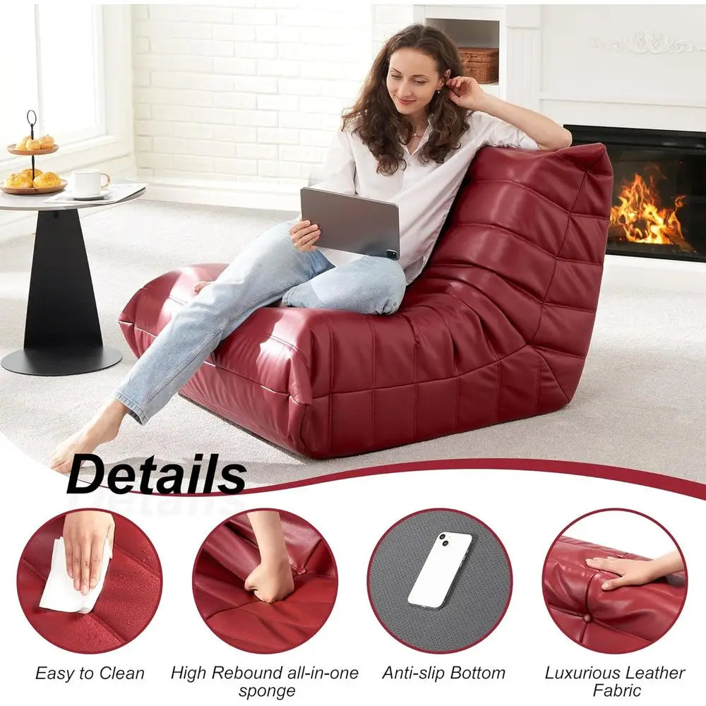 Memory Foam Bean Bag Chair - Adult Sofa, Faux Leather Armless Seat for Living Room, Bedroom, or Office (Wine Red)