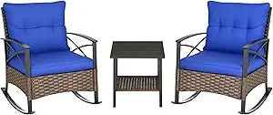 Patio Rocking Chair Set Outdoor Wicker Bistro with Cushioned Rockers and 2 Tier Coffee Table for Garden Relaxation