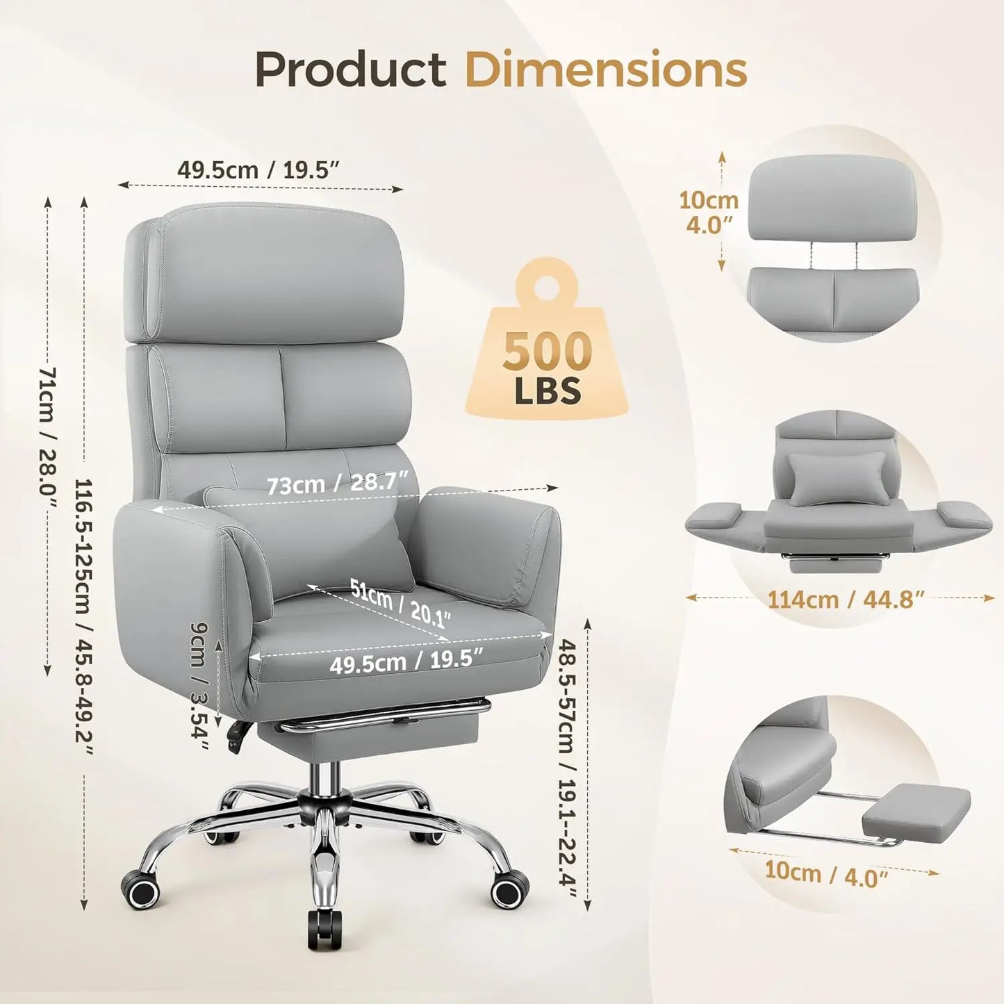 Big and Tall Office Chair 500LBS, Ergonomic High Back Leather Executive Chair, Reclining Swivel with Adjustable, Customized