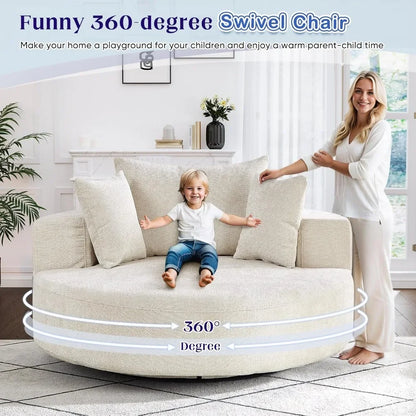 Oversized Round Swivel Chaise Longue Chair Indoor, Modern 55-inch 360 Degree Swivel Upholstered Chenille Deep Seat Circle Single