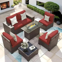 QAZ8-7 Piece Patio Furniture Set Fire Pit Table. Outdoor Conversation Sets Wicker Rattan Sectional Sofa with Coffee TSZ