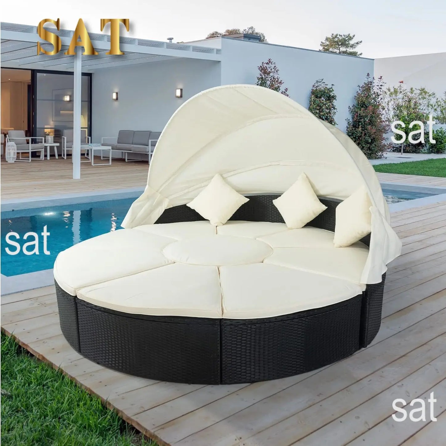 %a Patio Rattan Sunbed with Retractable Canopy, Round Outdoor Sectional Sofa Set with Separate Seating,liftable Table and Remov