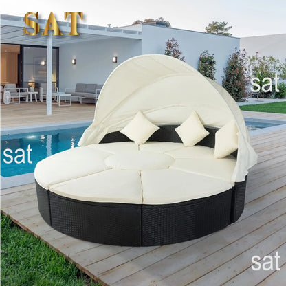 %a Patio Rattan Sunbed with Retractable Canopy, Round Outdoor Sectional Sofa Set with Separate Seating,liftable Table and Remov