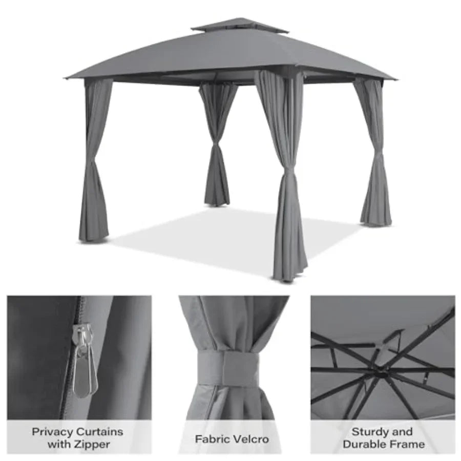 10'x10' Patio Arc Gazebo, Outdoor Canopy Tent with Curved Roof Design, Double Tier Top, Privacy Curtains and Wind-Resistant Rop