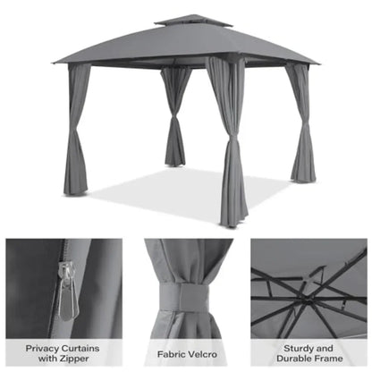 10'x10' Patio Arc Gazebo, Outdoor Canopy Tent with Curved Roof Design, Double Tier Top, Privacy Curtains and Wind-Resistant Rop