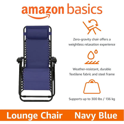 Outdoor Patio Zero Gravity Lounge Chair with Pillow, Folding Reclining Adjustable, Blue 26"