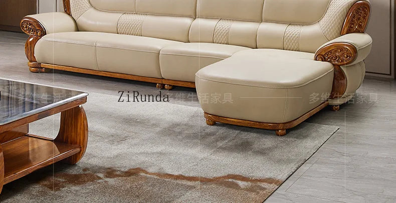Ebony leather sofa, living room solid wood princess corner sofa, modern furniture