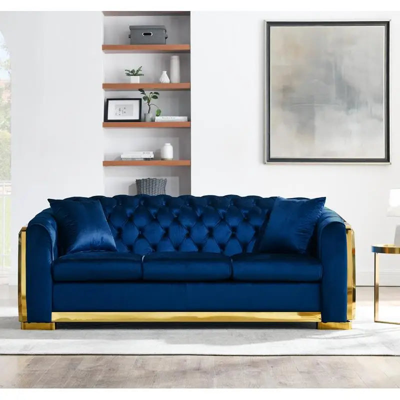 Navy Blue Velvet Chesterfield Sofa Set, Tufted 3-Seater Couch with Gold Stainless Accents for Living Room, New Package