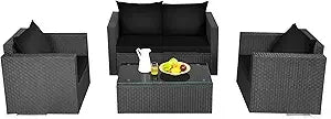 4 Piece Patio Rattan Conversation Furniture Set, Outdoor Wicker Sofa Set with Padded Cushion & Tempered Glass Coffee Table, Wic