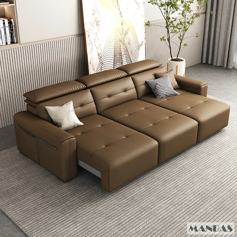 Genuine Leather Electric Convertible Sofa Bed with Adjustable Headrest, Multifunctional Folding Sofa Beds for Cinema Living Room
