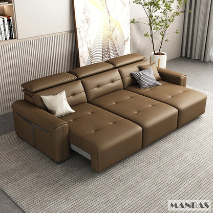 Genuine Leather Electric Convertible Sofa Bed with Adjustable Headrest, Multifunctional Folding Sofa Beds for Cinema Living Room