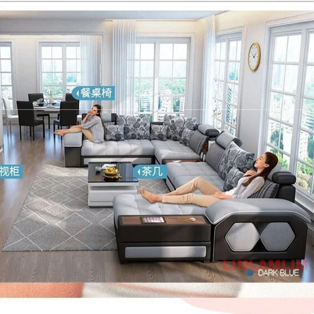 Linlamlim U-Shaped Sectional Fabric Sofa Set - Modern Living Room Furniture with Storage, Built-in Side Table, USB, and Cushions