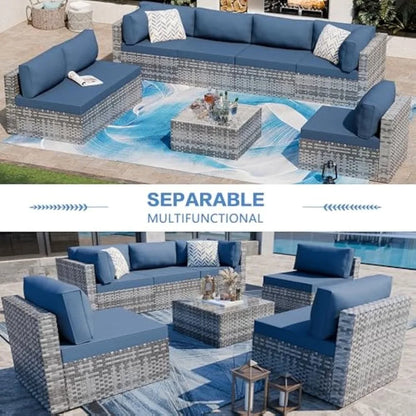 Outdoor Patio Furniture 7-Piece Set: PE Wicker Rattan Sectional Sofa with Tempered Glass Table and Cushioned Seating