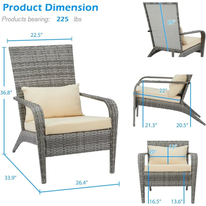 Outdoor Dining Chairs, Outdoor Patio Adirondack Rattan Chair with Cushion and Pillow for Garden,Backyard,Porch, Grey