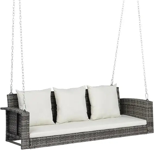 Heavy-Duty Outdoor Wicker Swing with Cushions, 800 LB Capacity, 5FT Rattan Bench for Garden, Yard, Patio, Porch Swing with Chain