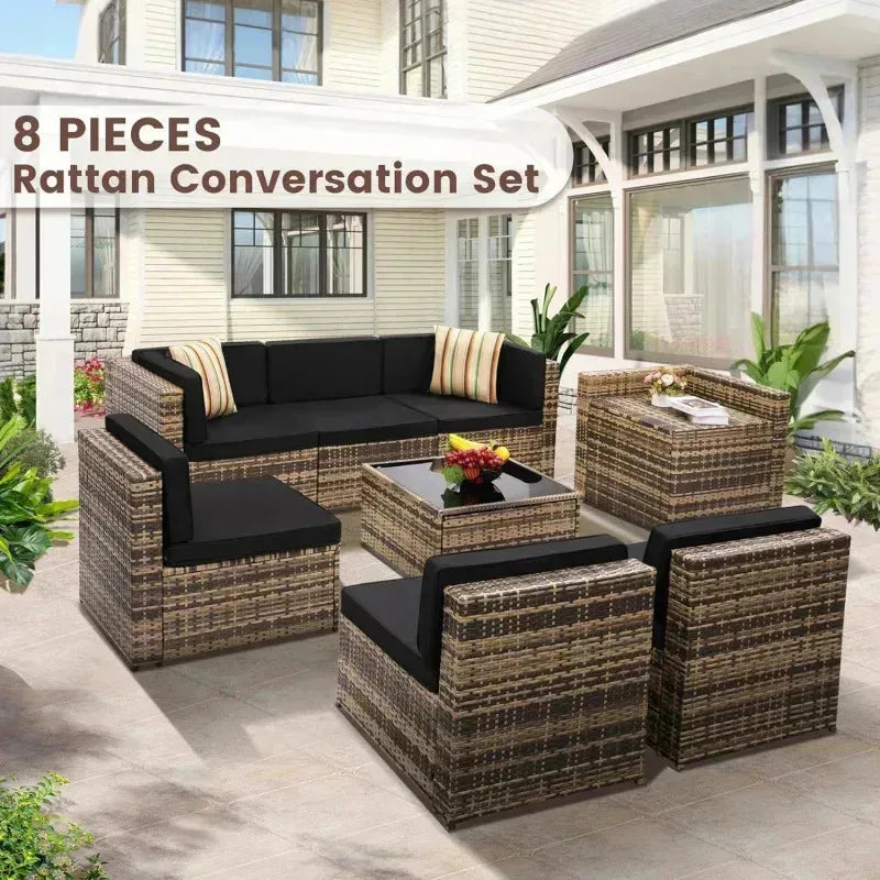 YND6-Q8 pieces outdoor Wicker rattan patio sectional furniture set.glass top table with hidden storage.7 sofa sections. oversize