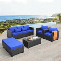Outdoor Patio Wicker Furniture Set: 6-Piece PE Rattan Conversation Sectional Sofa with Royal Blue Cushions