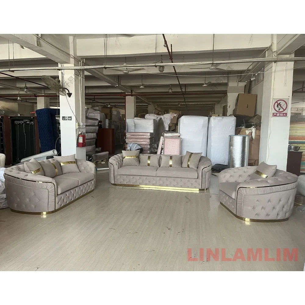 Luxury Chesterfield Sectional Sofa Set with Cloth Buttons and Fabric Modular Couch with Gold Stainless Steel Base, 3-seater Sofa