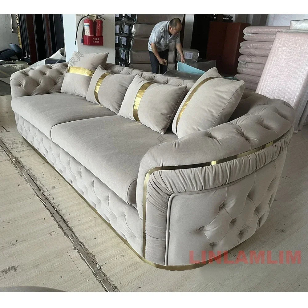 A Luxury Chesterfield Sectional Sofa Set With Cloth Buttons And Fabric Modular Couch With Gold Stainless Steel Base, 3-seater So