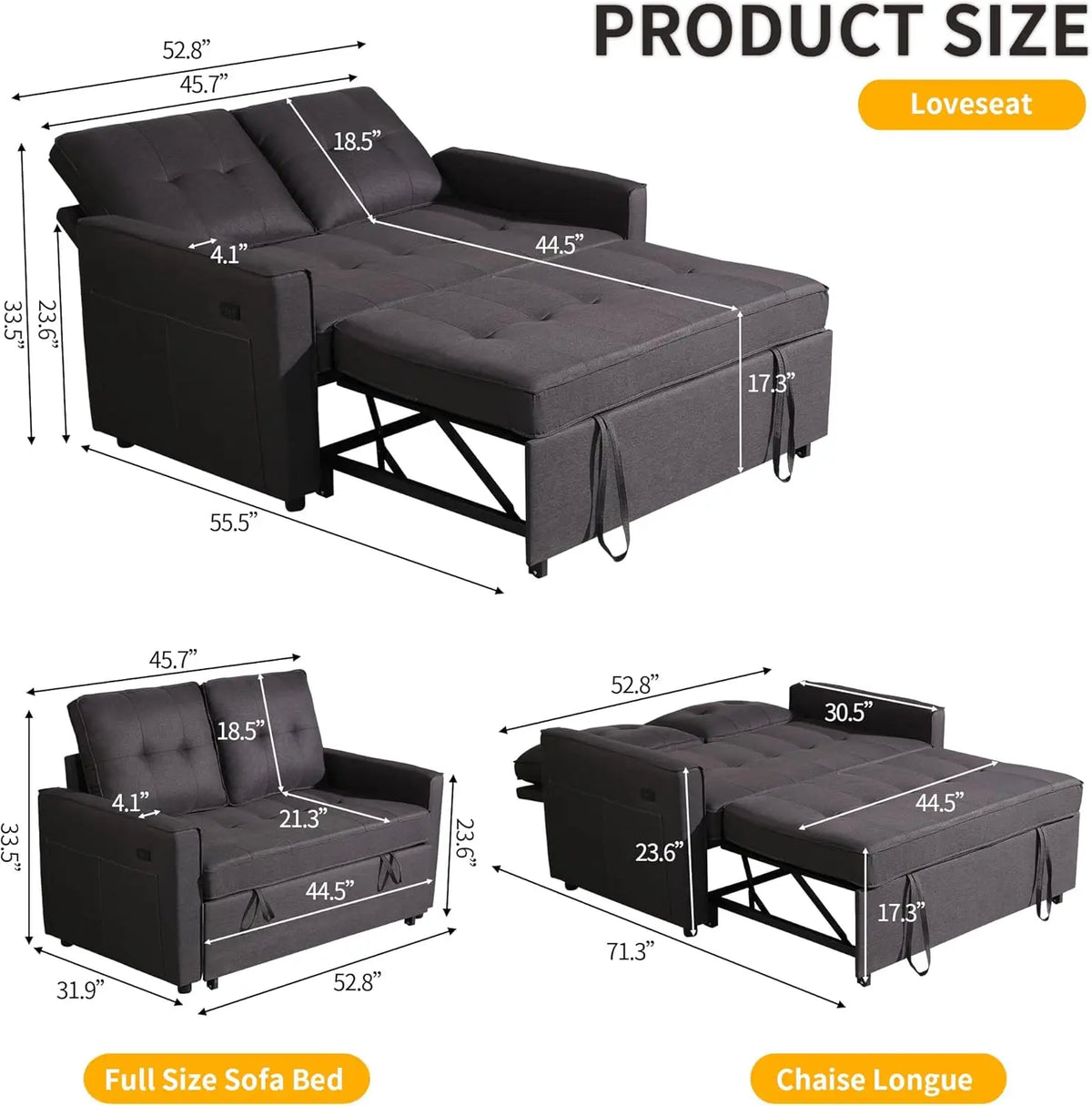 Convertible Sofa Bed with USB, Reclining Backrest & Storage Pockets - 3-in-1 Sleeper for Small Spaces (Dark Grey)