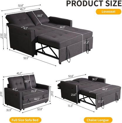 Convertible Sofa Bed with USB, Reclining Backrest & Storage Pockets - 3-in-1 Sleeper for Small Spaces (Dark Grey)