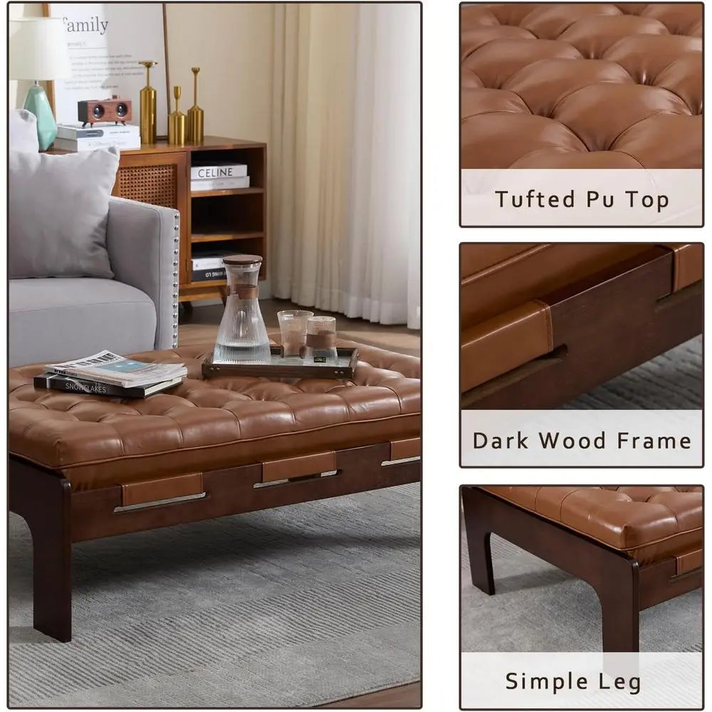 48 Brown Leather Ottoman Coffee Table with Dark Wood, Rectangular Tufted Top for Living Room