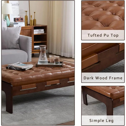 48 Brown Leather Ottoman Coffee Table with Dark Wood, Rectangular Tufted Top for Living Room