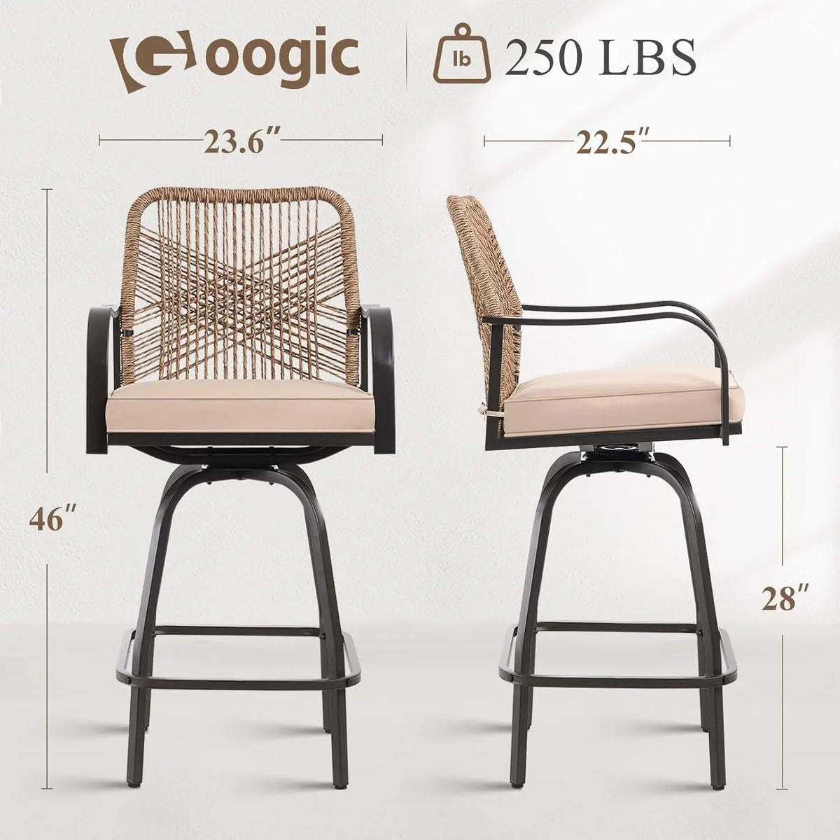 Outdoor Bar Stools Set of 2, Patio Swivel Counter Height Rattan Bar Stools, Patio Wicker Bar Swivel Chairs with Cushion