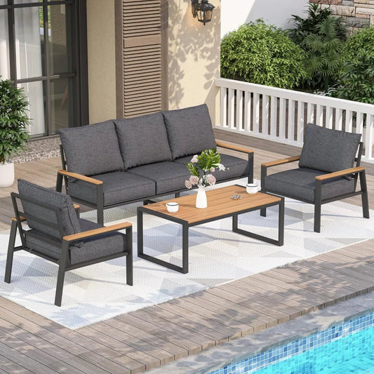 Patio Furniture Set, 4 Pieces Outdoor Furniture Patio Conversation Set with High Back, Faux-Wood Armrest and Tabletop, Outdoor C