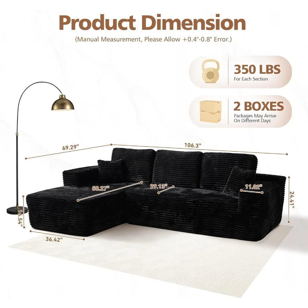 Stylish 104" cloud sectional couch with comfy chaise, boneless l shape sofa with deep seat, minimalist modular couches sleeper f
