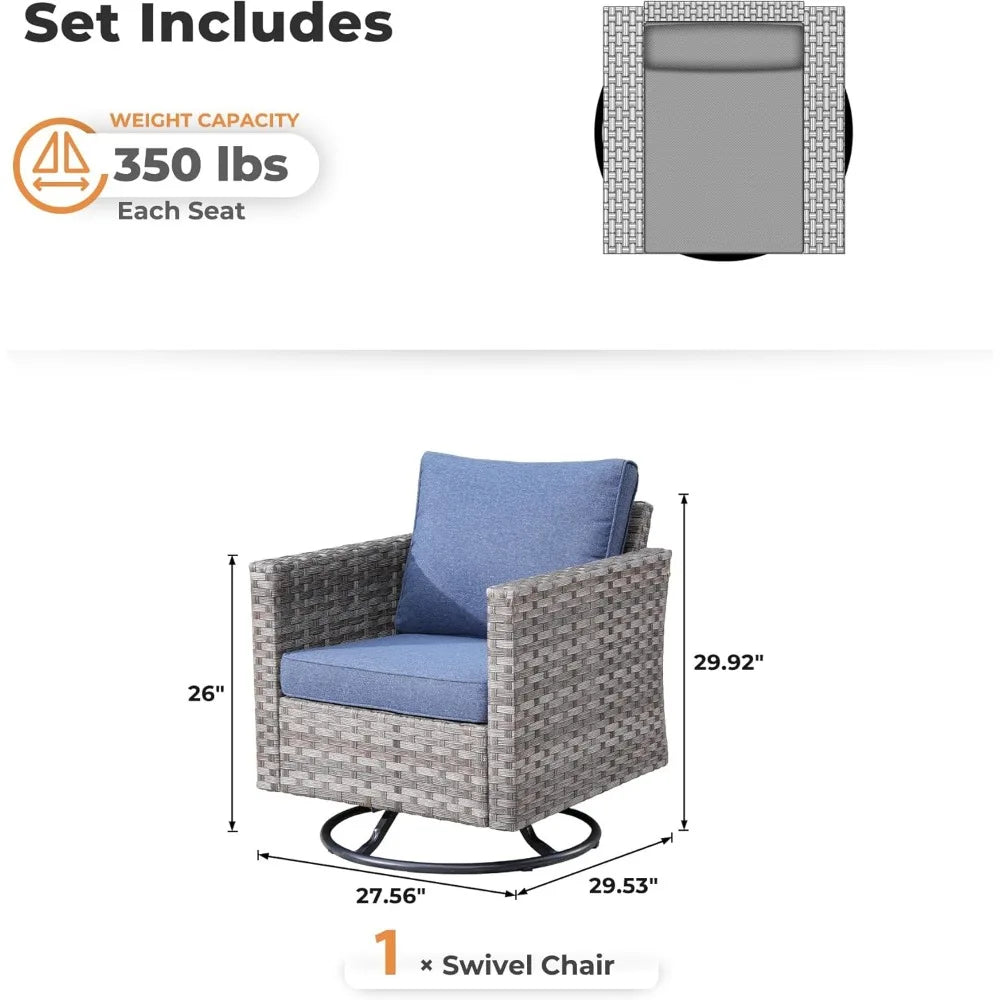 Patio Rocking Chair, Outdoor Wicker Rattan Chair with Comfortable Cushions and Deep Seat for Porch Garden Deck, Denim Blue