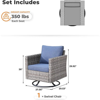 Patio Rocking Chair, Outdoor Wicker Rattan Chair with Comfortable Cushions and Deep Seat for Porch Garden Deck, Denim Blue