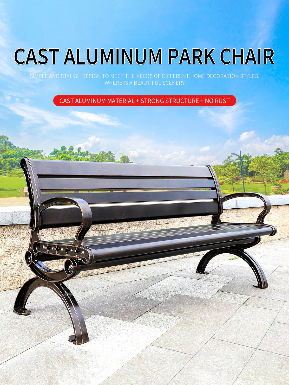 Factory Wholesale Street Park Bench Customized Metal Garden Bus Stops Bench Cast Aluminum Patio Garden Outdoor Bench
