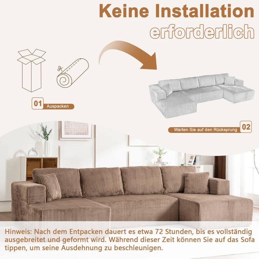Living Room Boneless Modular Sofa, Corduroy Fabric, Modern U-shaped Leisure Sofa, High-density Sponge, No Assembly, for Home