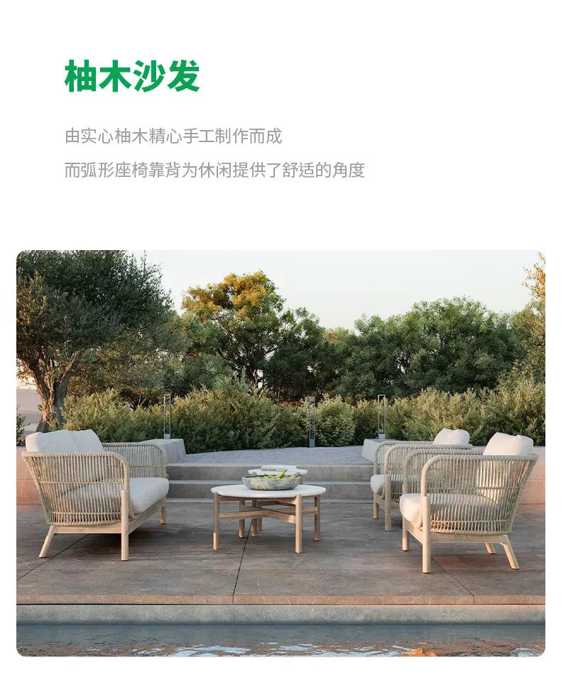Outdoor sofa courtyard rattan teak outdoor garden villa hotel waterproof and sun protection homestay solid wood sofa furniture
