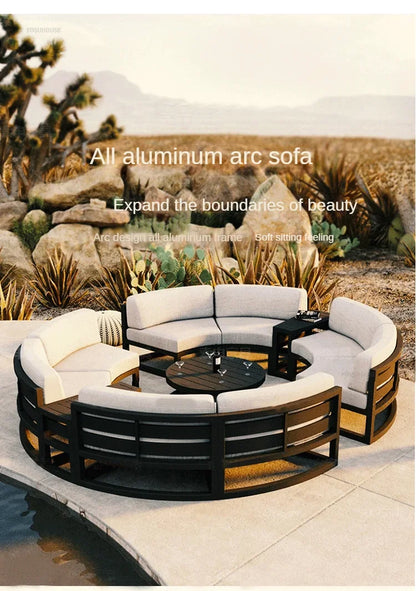 Outdoor Waterproof Garden Sofas Sun Protection Curved Outdoor Sofa Aluminum Alloy Courtyard Villa Reception Sofa Coffee Table L