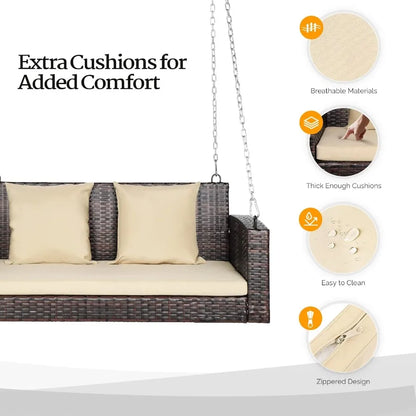 Heavy Duty 800 LBS Outdoor Rattan Porch Swing with Extra Cushion and Adjustable Chain in Brown for Garden Yard Lawn 4 FT