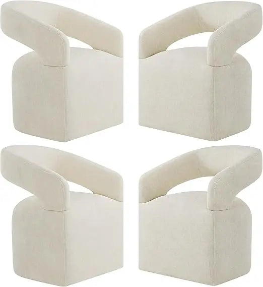 4-PCS Upholstered Dining Chairs with Casters, Cream Barrel Armchairs on Rollers for Multi-Room Use