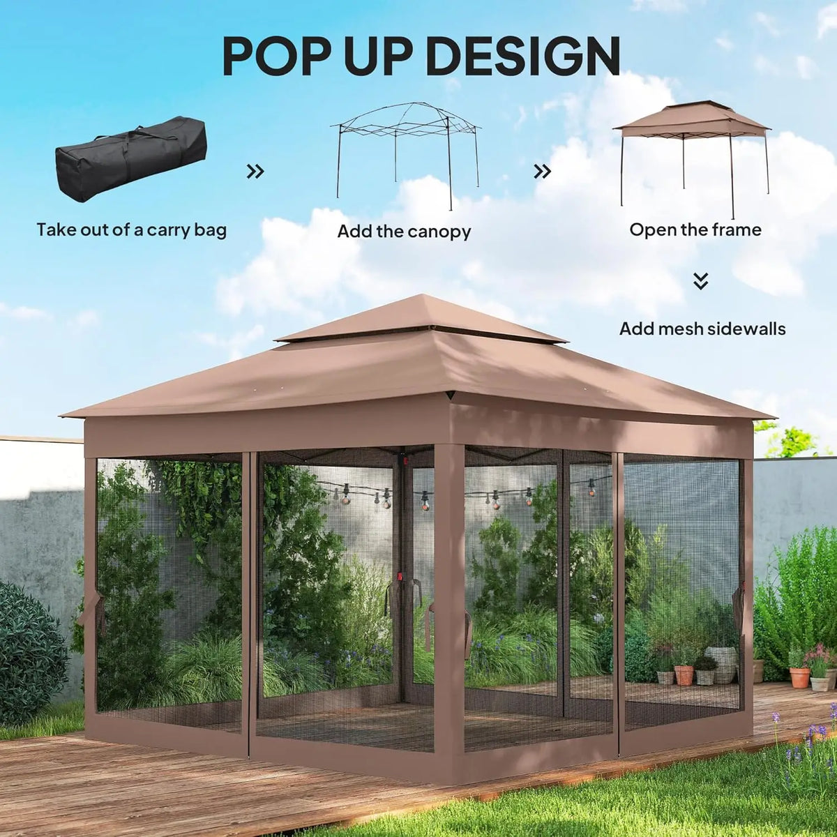 11x11 Pop Up Canopy Gazebo w/ Removable Netting Instant Event Tent 114sqft Shade Carry Bag Backyard Garden, Custom