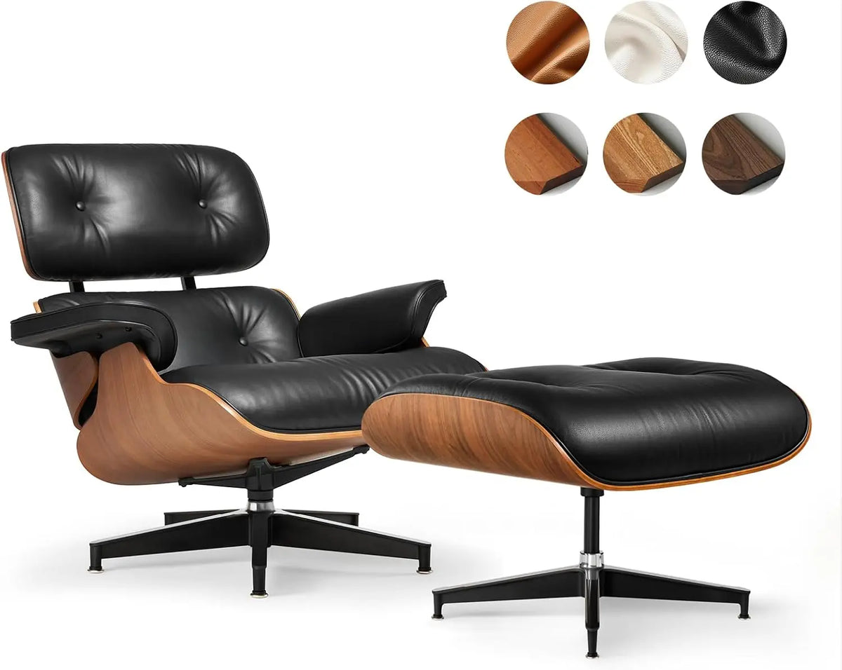 Top Grain Leather, Mid Century Chaise Lounge Chair and Ottoman, Modern Chair Classic Design, Heavy Duty Base Support for Living