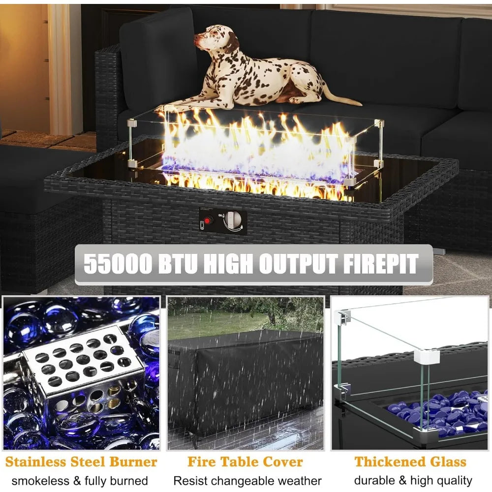 15 Piece Patio Furniture Set with Fire Pit Table, Outdoor Conversation Sets Wicker Rattan Sectional Sofa with Coffee Ta