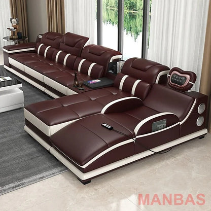 Linlamlim Italian Genuine Leather Sectional Sofa with Bluetooth, Speaker, Functional Headrest, Massage Chaise | Big Corner Couch