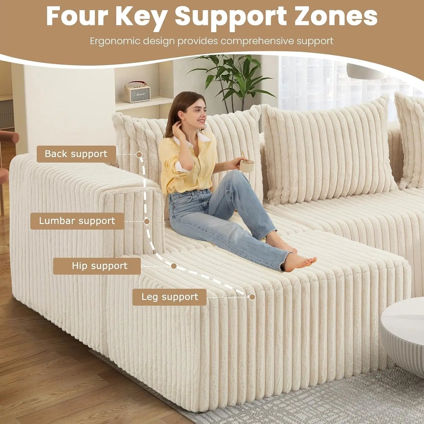 104 Inch Cloud Couch Sectional,Corduroy Boneless Couches For Living Room,L-Shaped Modular Sectional Sofa With Removable Ottoman