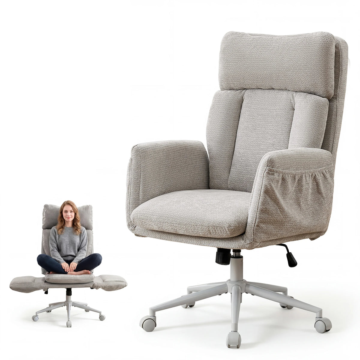 TCGBKAF Beige Big&Tall Office Chair with Flip Armrests Cross Legged Office Chair with Wheels Soft Chenille Executive Chair with Adjustable Lumbar Support Ergonomic Computer Desk Chair