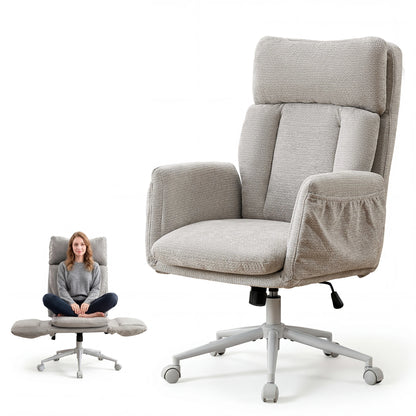 TCGBKAF Beige Big&Tall Office Chair with Flip Armrests Cross Legged Office Chair with Wheels Soft Chenille Executive Chair with Adjustable Lumbar Support Ergonomic Computer Desk Chair