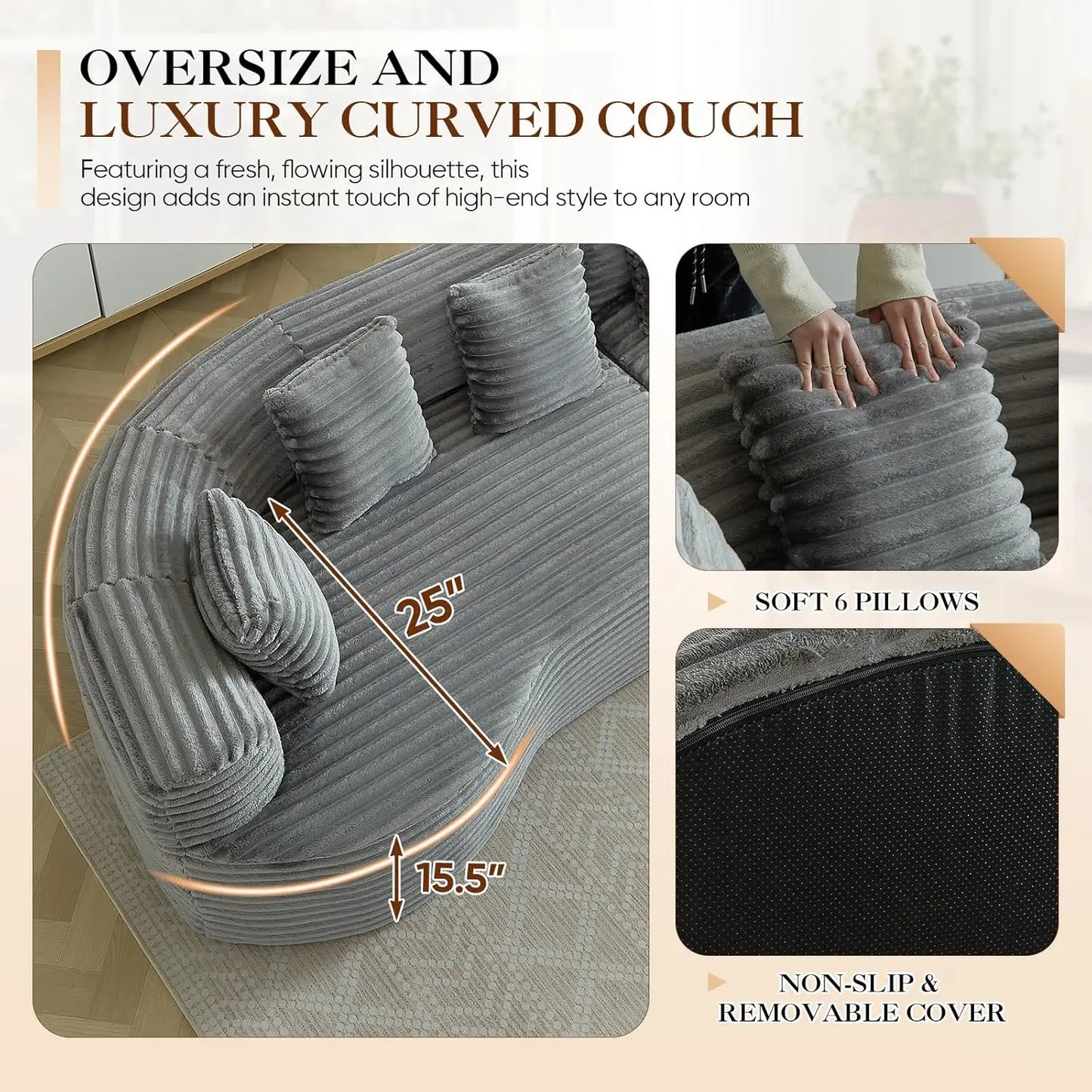 Oversized Curved Sectional Sofa, 106” Modern Boneless Modular 4-Seater Couch with 6 Pillows Corduroy Deep Seat Sofas, Custom