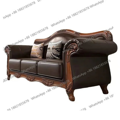 American vintage leather sofa living room solid wood country European style sofa inline furniture