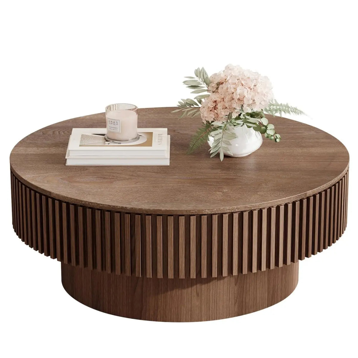 Round Coffee Table For Living Room, Accent Fluted Drum Coffee Table With Storage, Modern Solid Wood Circle Center Tea Table For