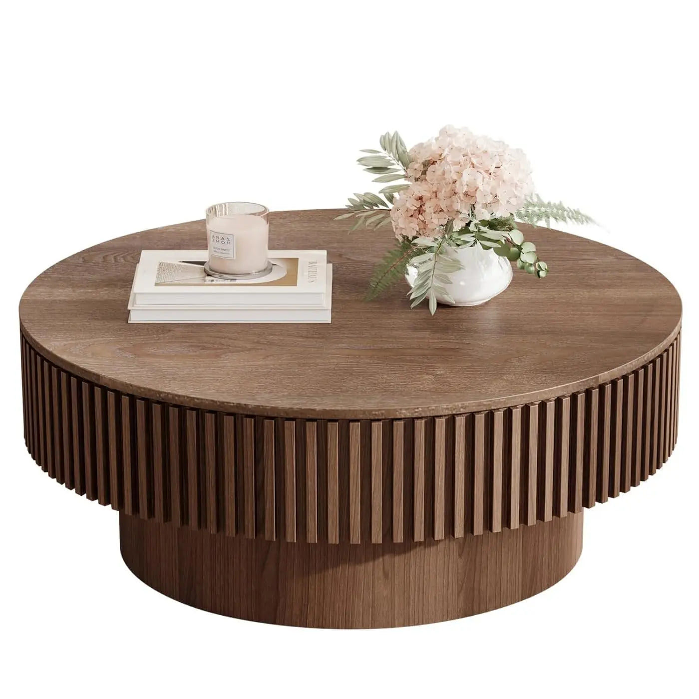Round Coffee Table For Living Room, Accent Fluted Drum Coffee Table With Storage, Modern Solid Wood Circle Center Tea Table For